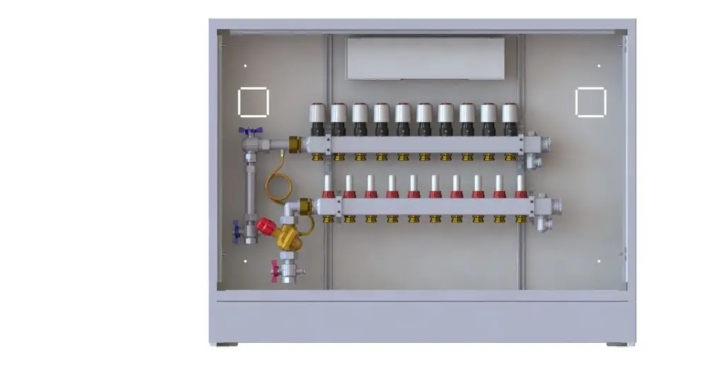 Danfoss Heizungsverteiler mit mehreren Ventilen und Rohrleitungen, montiert in einem grauen Gehäuse, zur Verteilung von Heizungswasser.
